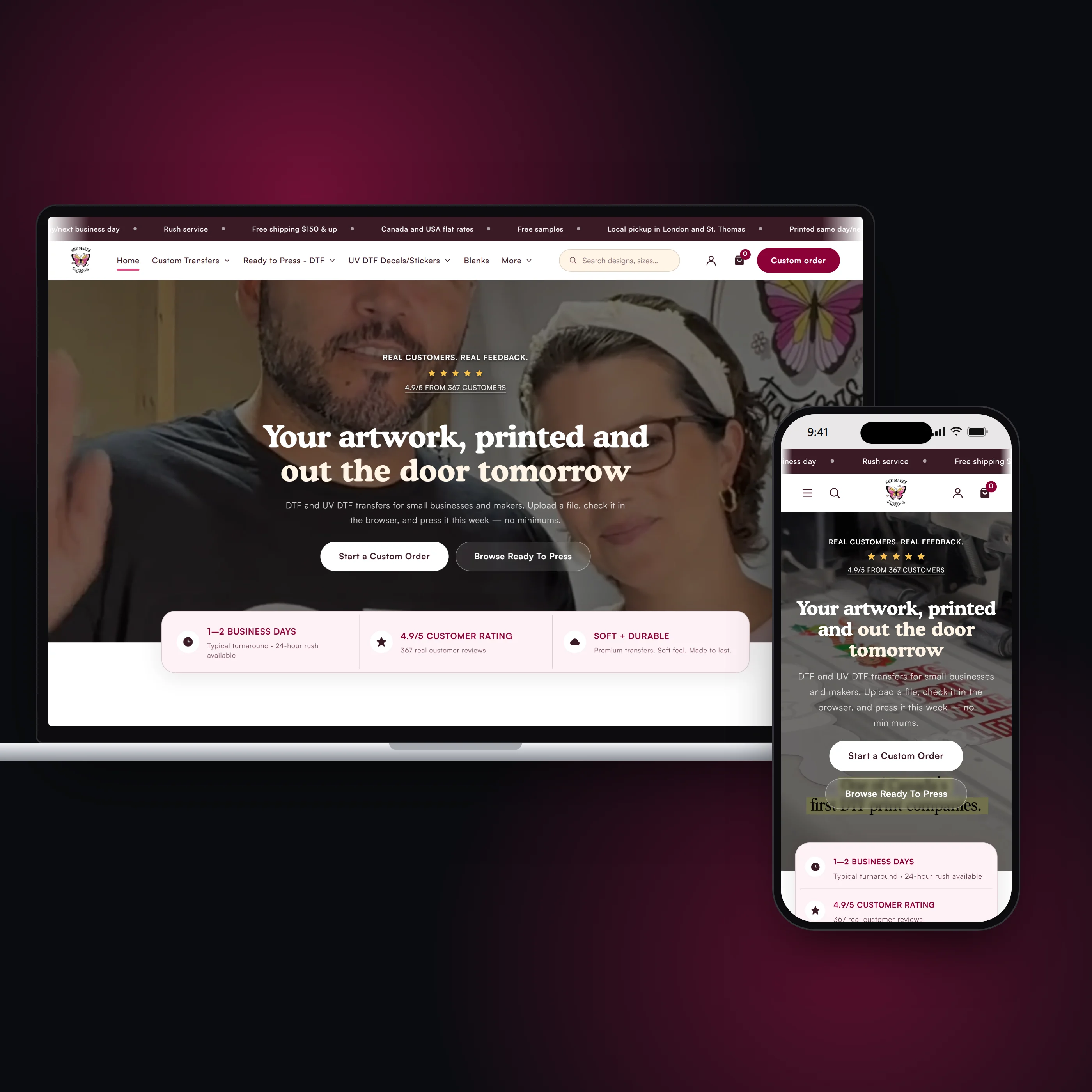 SHEmakes Transfers, shown on a laptop and a phone