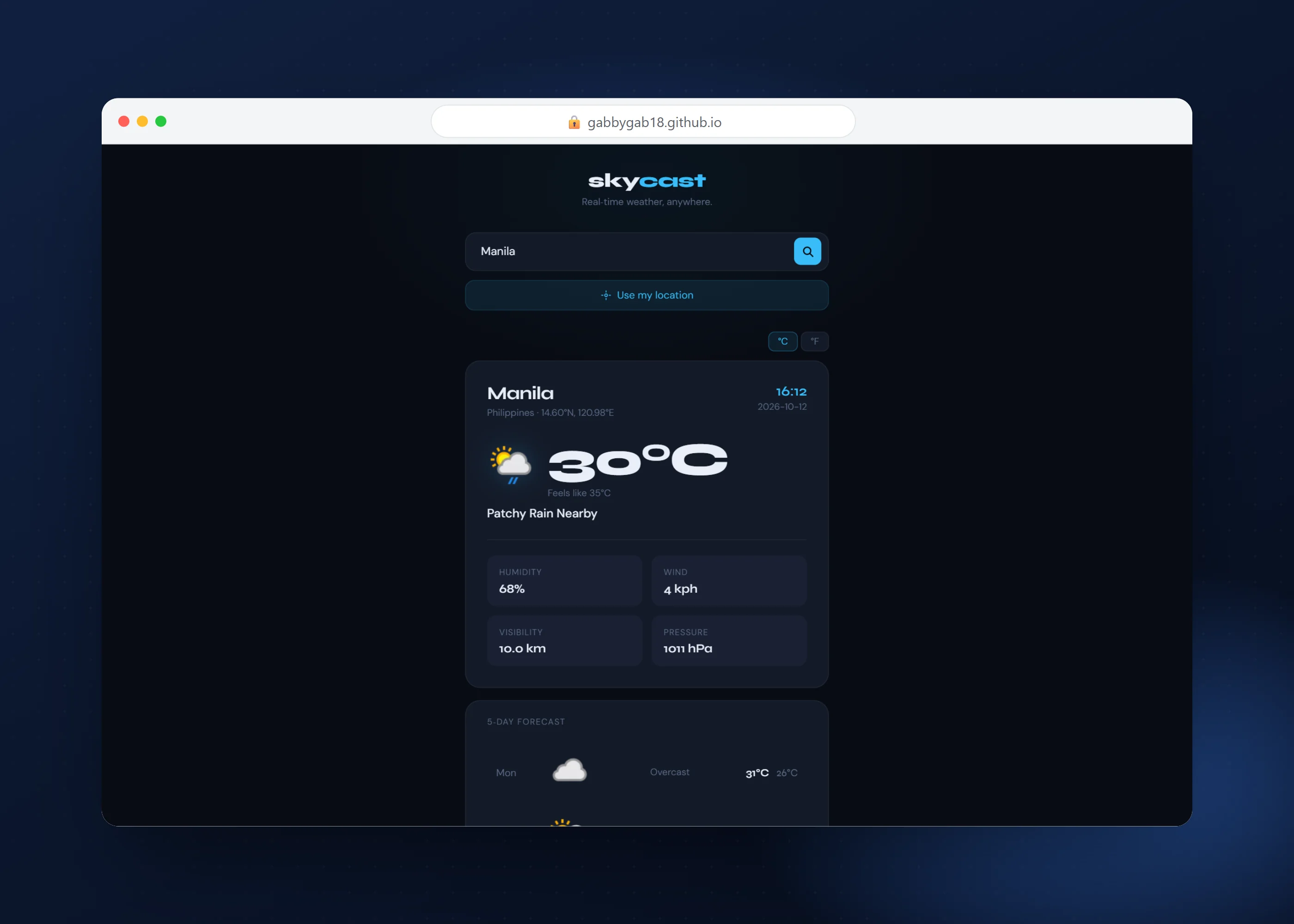 Skycast — Real-Time Weather App, screen 1