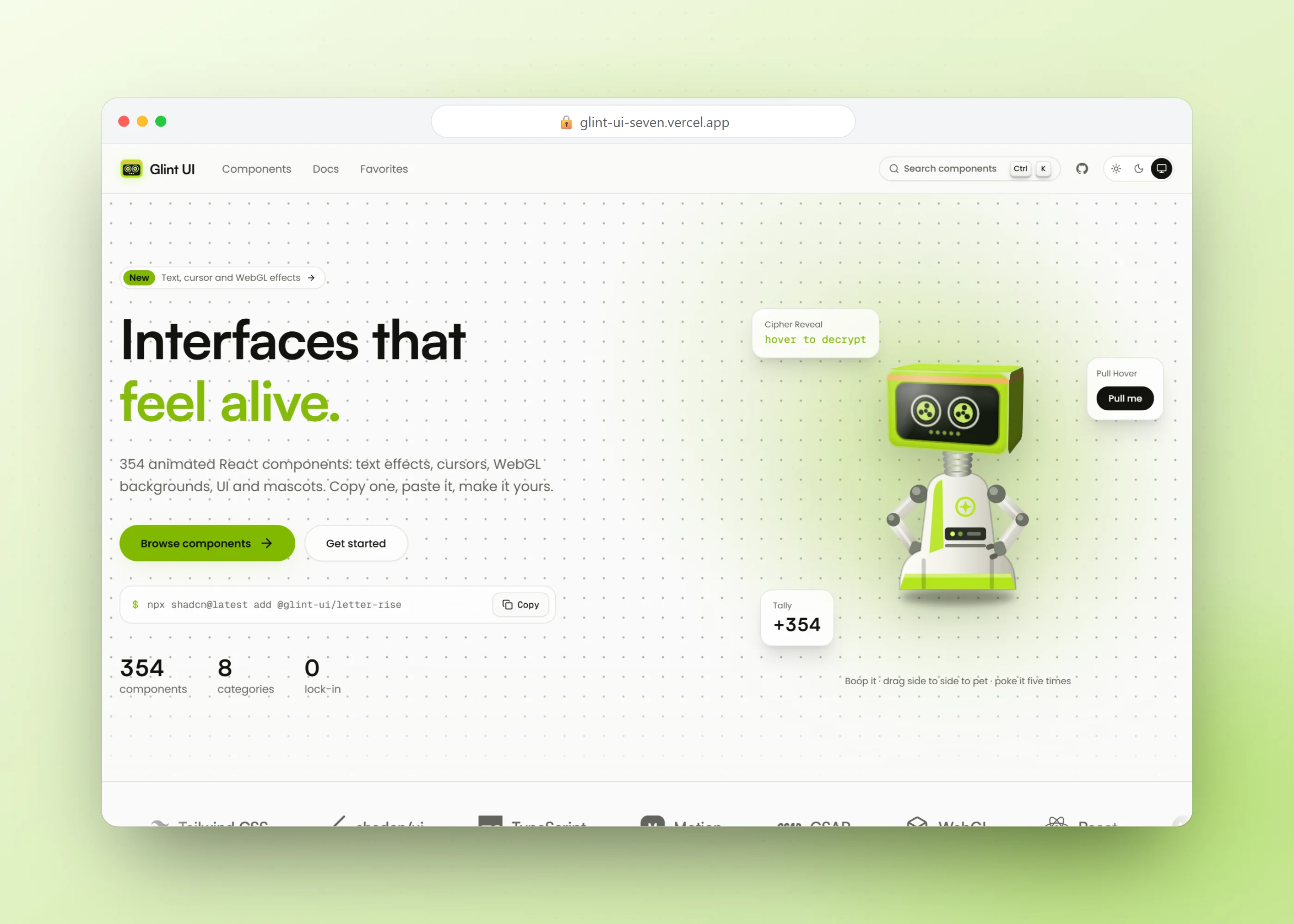 Glint UI, screen 1